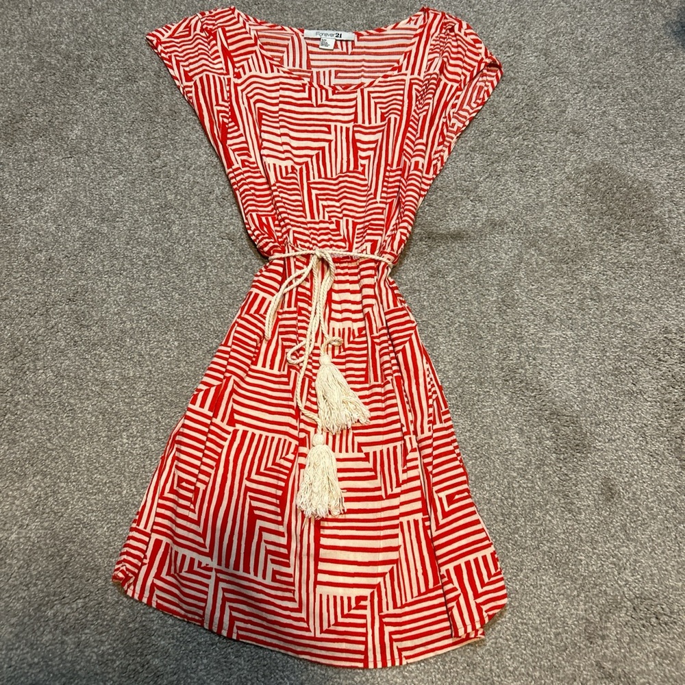 Forever 21 Red and White Geometric Tassel Belt Boho Dress